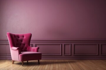 Interior home of living room with armchair furniture and hardwood floor on purple wall copy space mockup