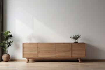 Interior home with sideboard cabinet TV shelf on white wall
