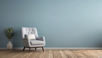 Interior home of living room with armchair on empty blue wall copy space mockup, hardwood floor