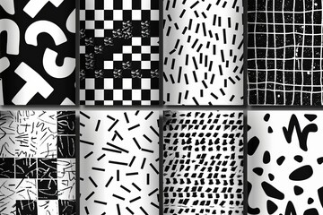 Bundle of Memphis seamless patterns. Fashion 80-90s. Black and white textures