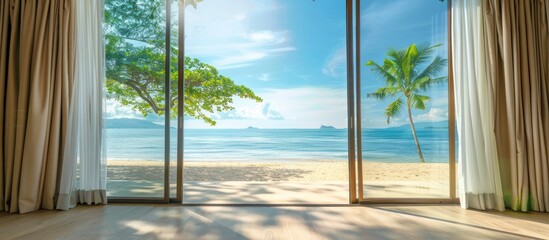 curtain and glass window with beautiful sea beach view outside