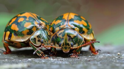 Two green and orange bugs are standing next to each other