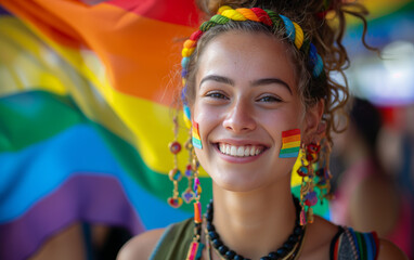 Smiling Woman Celebrating Pride with Rainbow Face Paint