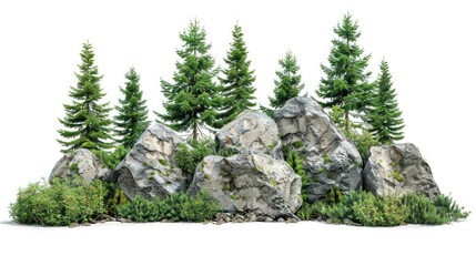 Cutout rock surrounded by fir trees. Garden design isolated on white background. Decorative shrub for landscaping. High quality clipping mask for composition