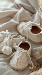 Baby shoes and teethers. Organic newborn accessories. copy space