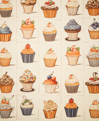 set of cupcakes on beige background