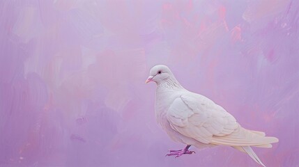 A serene portrait of a white dove against a soft lilac background, showcasing its purity and grace