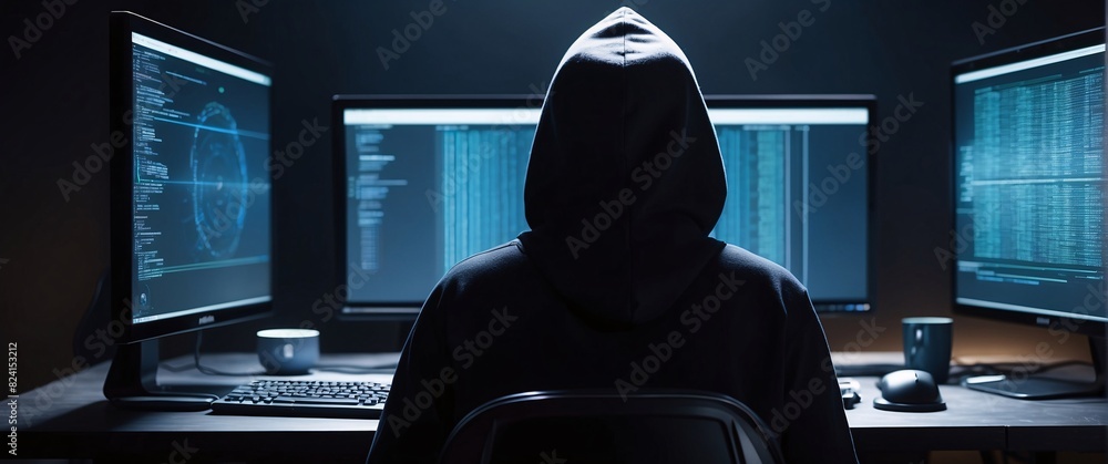 Fototapete enter the shadowy world of hacking with a mesmerizing depiction of an anonymous hacker, their back p