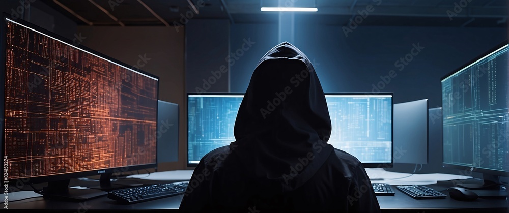 Fototapete enter the shadowy world of hacking with a mesmerizing depiction of an anonymous hacker, their back p