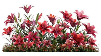 Cutout lily flowers. Flower bed isolated on white background. Red flower bush for garden design or landscaping.