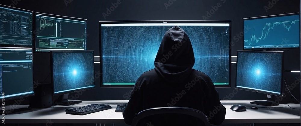 Poster enter the shadowy world of hacking with a mesmerizing depiction of an anonymous hacker, their back p