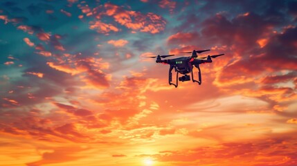 A drone is flying in the sky above a beautiful sunset