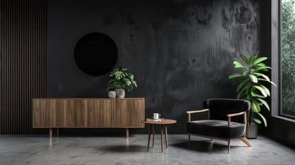Dark contemporary waiting room interior with wooden sideboard, small coffee table and comfortable black armchair on concrete floor. Minimalist Scandinavian design.