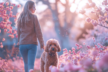 Australian Woman Walking with Her Dog in Cherry Blossom Conservation Park