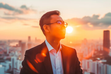 An ambitious Asian venture capitalist, in his 40s, evaluating startup pitches during a pitch competition at sunset.