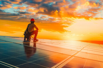 An Indigenous Australian worker, secured in a harness, installs a solar panel on a rooftop, framed by a breathtaking sunset.