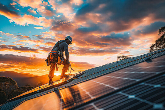 An Indigenous Australian worker, secured in a harness, installs a solar panel on a rooftop, framed by a breathtaking sunset.