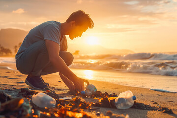 Caucasian male volunteer cleaning up a beach as the sun sets. - Powered by Adobe