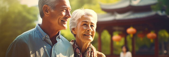 Elderly couple travelling while enjoying temple