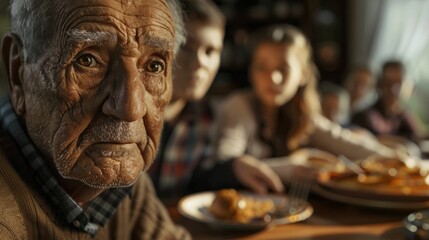 The close up picture of the family is eating the dinner together with enjoyment and happiness, the close up portrait of the grandfather eating the dinner with children and family by warm light. AIG43. - Powered by Adobe