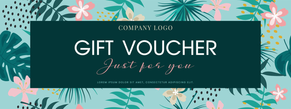 Gift voucher template on tropical background.