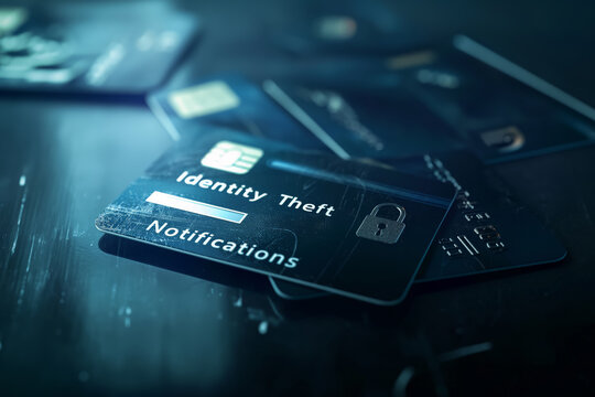 Identity theft concept with credit cards and notification alert