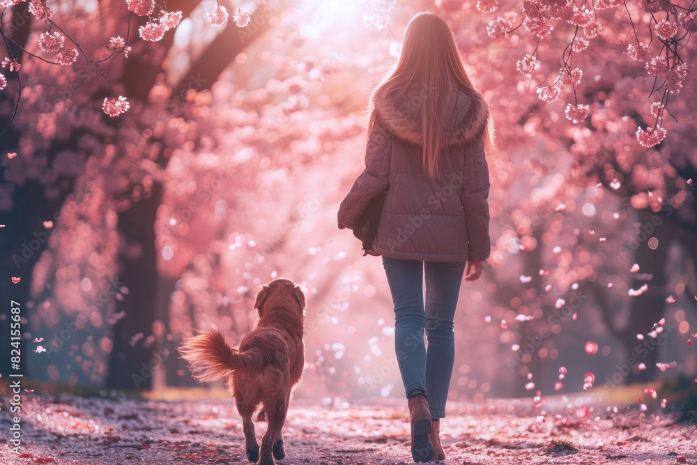 Wall mural germany woman walking with her dog in cherry blossom conservation park