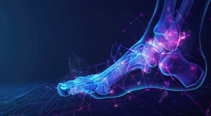 Digital illustration of the foot in blue and purple, with an Xray effect showing bones and muscles inside it