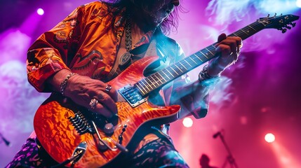 Obraz premium Guitarist playing a red and yellow electric guitar on stage with smoke and lights in the background.