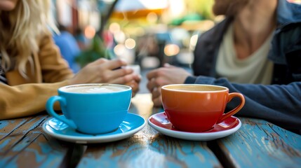 A couple is sitting at a cafe table, drinking coffee and talking. The woman has a blue cup and the man has a red cup. The background is blurred.