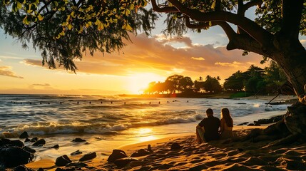 A couple is sitting on the beach watching the sunset. The sun is setting over the ocean, and the waves are crashing on the shore.