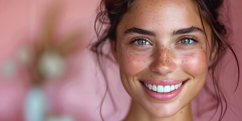 Fototapeta premium Beautiful young woman female smiling showing perfect white teeth. Dental stomatology whitening and treatment advertisement concept.