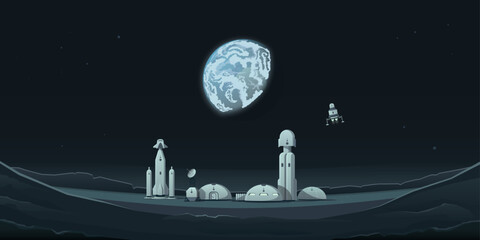 Obraz premium Colonization of the moon. Panorama of the lunar landscape, lunar crater and space base. Modular habitable buildings, communication station, rocket. View of planet Earth from the surface of the moon.