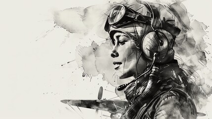 Female aviator drawing flat design side view airplane theme water color black and white