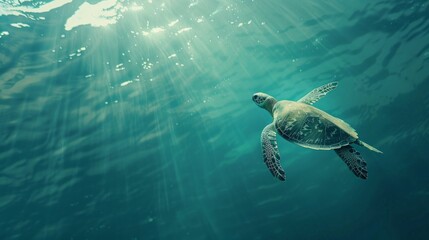 Fototapeta premium Turtle swimming in the ocean with copy space. World turtle day
