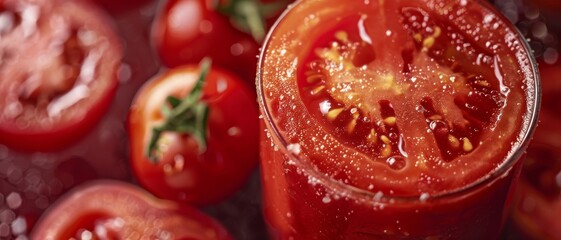 A detailed close-up shot of tomato juice. Perfect for advertising or illustrating thirst-quenching beverages.