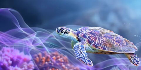 Obraz premium Sea turtle trapped in plastic bag underwater symbolizing environmental pollution impact. Concept Wildlife Conservation, Plastic Pollution, Marine Life, Environmental Impact, Ocean Protection