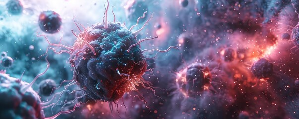 A detailed 3D render of autoimmune cells attacking healthy tissue, Futuristic, Blue and Red Hues, Digital Art, Emphasizing internal conflict