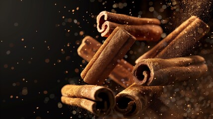 Photorealistic cinnamon slices and cinnamon dust splash