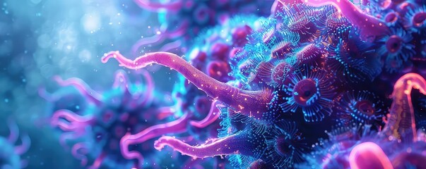 A detailed 3D render of a virus with glowing tentacles, SciFi Style, Blue and Purple Hues, Digital Art, Highlighting virus structure