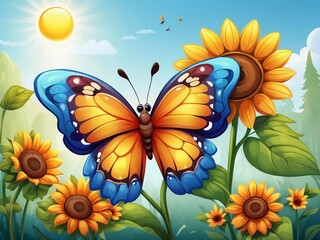 page for children, butterflies with sunflowers