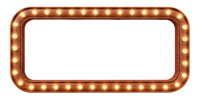 Vintage wooden frame with lights in 3d realistic render with transparent background