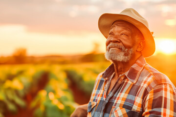 Fototapeta premium Contented African American Farmer in His 50s Surveying Fields at Sunset, Cultivating Bounty of Harvest with Pride
