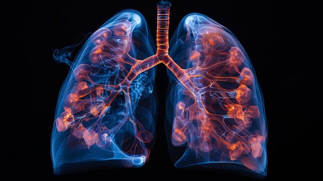 3D illustration of human lungs with glowing blue and red veins and bronchi. Lungs are the main organs of the respiratory system.