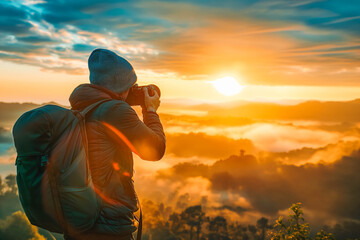 Fototapeta premium Creative photographer capturing stunning landscape at sunset, lens flares adding artistic touch.