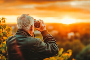 Fototapeta premium Elderly Caucasian man taking a sunset photo with a vintage camera.