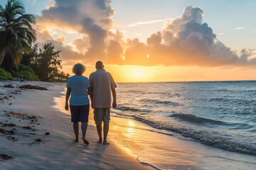 Fototapeta premium Elderly couple strolling hand in hand along tropical beach at sunset, reliving youthful adventures.
