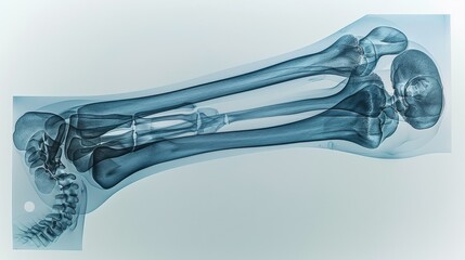 An X-ray of a broken leg with a metal rod and screws holding it together.