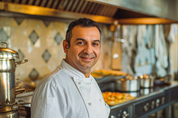 Fototapeta premium Explore the culinary world with a focused Middle Eastern chef in his 40s, cooking with passion in the soft glow of sunrise, elevating culinary creations with every dish.
