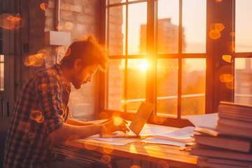 Fototapeta premium Freelancer brainstorming ideas on digital tablet in urban loft at sunset, creative workspace.